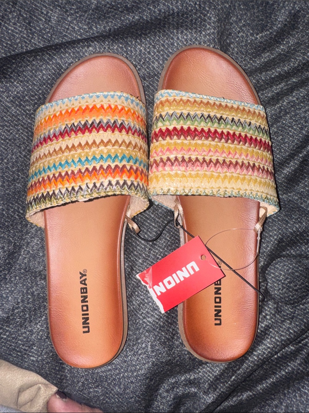 UNIONBAY Multicolor Zigzag Strap Slide Sandals - Tan Footbed